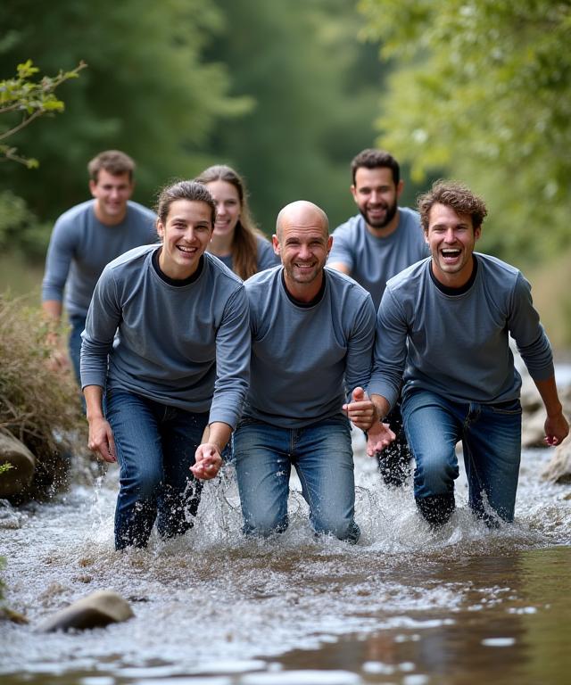 A corporate team working together to cross a small stream during an outdoor activity.