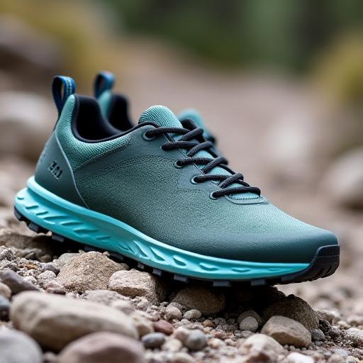 A pair of Kaze Trail Running shoes on a rocky surface.