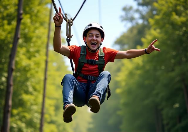 A person ziplining through a forest canopy with a smile.